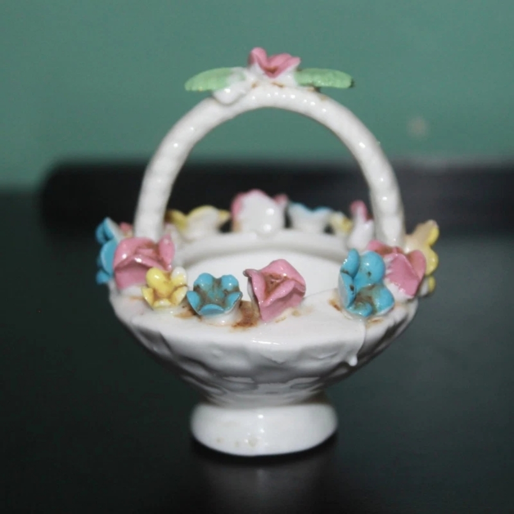 Vintage Ardalt Porcelain Floral Pin Cushion Basket Made in Taiwan
